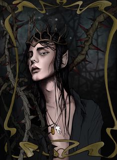 a drawing of a woman with long hair and crown on her head, surrounded by vines