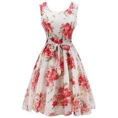 Women High Waist Flower Dress - White - 2T06102614 - Women's Clothing, Dresses, Print Dresses  #PrintDresses #Women's #Clothing # #Dresses # #Print #Dresses Red Sleeveless Dress For Spring Wedding, Red Sleeveless Spring Wedding Dress, Sleeveless Floral Sundress For Party, Pink Sleeveless Chiffon Sundress, Fitted Sleeveless Chiffon Sundress, White Chiffon Sundress With Floral Print, Fitted Sleeveless Floral Wedding Dress, Sleeveless Chiffon Sundress With Floral Print, Floral Print Sleeveless Dress For Wedding