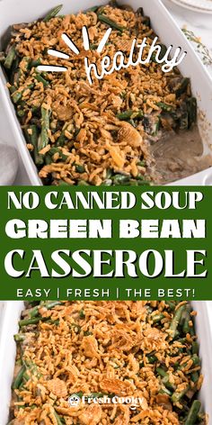 green bean casserole in a white dish with text overlay