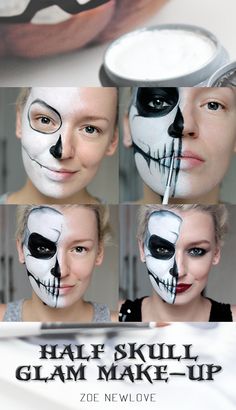 Tutorial | Simple Half Skull Glam Make-up Halloween Make-up - Zoe Newlove Half Skeleton Face, Maquillage Halloween Clown, Disfarces Halloween, Makeup Clown, Halloween Gesicht, Halloween Make-up Looks, Sugar Skull Face, Half Skull, Skeleton Face