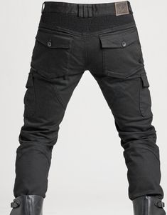 MOTORPOOL_BLACK_04 Jean Cargo Pants, Motorcycle Riding Jeans, Riding Jeans, On Knees, Biker Jeans, Riding Pants, Motorcycle Riding, Futuristic Fashion, Denim Trousers