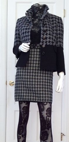 "The Nanny character wore a version of this Moschino skirt. It is Vintage 1996 and unworn from my private collection. Fabric is marked as 92% wool and 8% rayon. Size 44 Italian, size 10 USA 1/2\" black and grey houndstooth pattern Fully lined Side zipper with hook and eye Bias edges in black at the waist and the hem. Measurements: Waist - 30\" Hips - 38\" Length - 18\" (This listing is for the skirt only. The jacket is in a separate listing)" Elegant Black Skirt With Houndstooth Pattern, Office Wool Skirt In Black, Elegant Black Houndstooth Pattern Skirt, Elegant Black Houndstooth Skirt, Vintage Moschino, Chic Skirt, The Nanny, Chanel Inspired, Chic Skirts