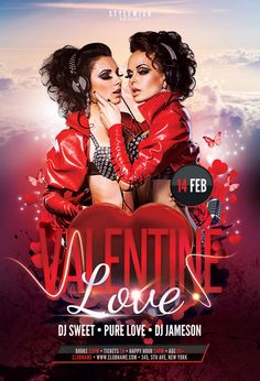 valentine love flyer template with two women in red