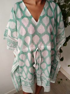 Cotton kaftan Bohemian V-neck Kaftan For Vacation, Green V-neck Tunic For Beach, Flowy Sleeveless Beach Dress For Loungewear, Flowy Sleeveless Beach Dress Loungewear, Green Bohemian Tunic Kaftan, Bohemian Long Green Kaftan, Printed Tunic Kaftan For Beach Cover-up, Bohemian V-neck Kaftan For Beach Cover-up, Green Free Size Festival Kaftan