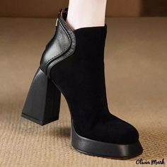 Olivia Mark - High-Heeled Martin Boots with Thick-soled Square Toe, Combining Plush Velvet Texture and Chunky Heels Velvet Texture, Martin Boots, Olivia Mark, Chunky Heels, High Heels, Velvet, Texture, Square, Boots