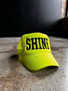 SHINE Trucker Hat Custom Fitted Hats, City Design, Neon Yellow, Straw Hat, Cool Items, Fitted Hats, Girls Night, Hats For Men, Trucker Hat