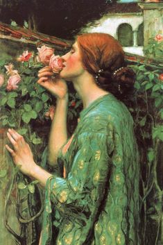 a painting of a woman smelling flowers