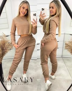 Lasaky - Stylish Long Sleeve Crop Top and Pocket-Design Cuffed Pants Set Stand Collar Shirt, Longline Coat, Cuffed Pants, Top Pants Set, Long Sleeve Crop, Two Piece Outfit, Pocket Design, Long Sleeve Crop Top, Collar Shirts