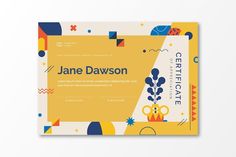 a yellow and blue business card with an abstract pattern on the front, featuring geometric shapes