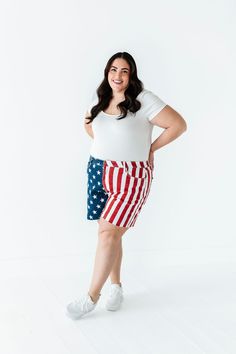 Features High rise Frayed hem Zipper fly Flag print: blue with white stars; red and white stripes 93% Cotton, 6% Polyester, 1% Spandex Size + Fit Kristin is 5'4", a size 1 and is wearing a Small Ashley is 5'6", a size 18 and is wearing a 1X Small 2-4, Medium 6-8, Large 10-12, X-Large 14-16, 1X 16-18, 2X 18-20, 3X 20-22 True to size. Do have stretch, but do not lose shape. Waist measurements are taken while laying flat and doubled. Curvy sizes have more room in the waist Click here for white top Patriotic Bottoms With Flag Print For 4th Of July, Patriotic Flag Print Bottoms For 4th Of July, Patriotic American Flag Bottoms For 4th Of July, Red Flag Print Bottoms For 4th Of July, Red Americana Bottoms For 4th Of July, Patriotic Fitted Bottoms For 4th Of July, Patriotic Cotton Bottoms For 4th Of July, Patriotic Stretch Bottoms For 4th Of July, Casual White Bottoms For 4th Of July