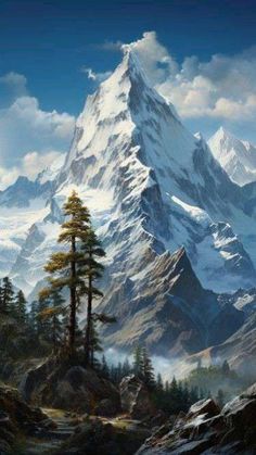 a painting of a snowy mountain with pine trees in the foreground