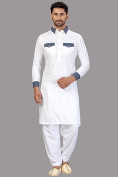 Buy Men's Blended Cotton Solid Pathani Set in White Online - Front Pathani For Men Wedding, White Pathani For Men, Pathani Salwar, Pathani For Men, Pathani Suit, Pathani Kurta, Men's Kurta, Brocade Blouses, Nehru Jackets