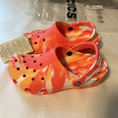 Super Cute Orange Marble Crocs. Roomy Fit. New Casual White Clogs For Vacation, White Synthetic Clogs For Vacation, White Closed Toe Clogs For Vacation, White Clogs For Spring Vacation, White Clogs For Vacation During Spring, White Clogs For Spring Beach Outing, White Flat Clogs For Beach, White Flat Clogs For The Beach, White Non-slip Clogs For Beach