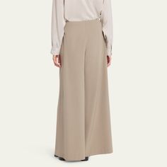 THE ROW "Dela" pants Mid rise sits high on hip Flat front Side split pockets Wide legs Full length Hidden closure Wool Lining: Silk Made in Italy Wide Legs, Side Split, Bergdorf Goodman, Wide Leg Pants, The Row, Mid Rise, Full Length, Tops Designs, Wide Leg