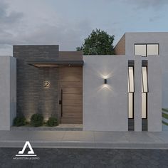 an architectural rendering of a modern house with two large doors and lights on the side