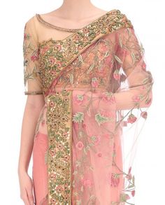 Peach color designer saree in thread embroidery Floral Embroidered Pre-draped Saree For Reception And Festivals, Traditional Pre-draped Wedding Saree With Floral Embroidery, Pink Pre-draped Saree With Dupatta In Tissue Silk, Traditional Pink Pre-draped Saree With Floral Embroidery, Anarkali Pink Pre-draped Saree With Floral Embroidery, Festive Pink Pre-draped Saree With Floral Embroidery, Pink Organza Traditional Wear With Zari Work, Designer Pink Pre-draped Saree With Zari Work, Pink Embroidered Net Lehenga