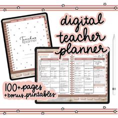 the digital teacher planner is shown in pink and white