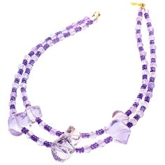 This AJD unique double strand of highly polished glittering Rose of France Amethysts are enhanced with round polished Rose of France and accented with bright gem cut glittering Amethyst rondels set in this 16 inch long necklace. The largest polished Rose of France is 20 mm x 20 mm. The hook clap is gold plated. Amethyst And Diamond Ring, Silver Choker Necklace, Double Strand Necklace, Amethyst Gold, Designer Fashion Jewelry, Amethyst Bracelet, Amethyst Necklace, Gold Tone Necklace, Yellow Gold Earring