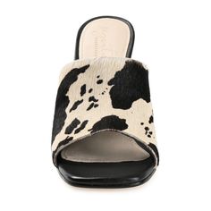 Roam the countryside in this cow-printed mule. The Deena by Journee Signature is the perfect blend of casual and dressy with its open toe and block heel. A 4 mm Tru Comfort Foam� insole and soft genuine leather finish the design for extra comfort. Western Style Mules For Spring, Summer Calf Hair Sandals, Square Toe Sandals, Toe Sandals, Black 7, Slide Slipper, Mule, Block Heels, Open Toe