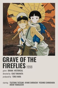 the movie poster for grave of the fireflies, featuring two people holding each other