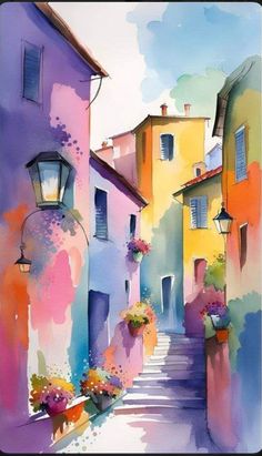 Watercolor Cityscape, معرض فني, Watercolor House Painting, Watercolor Architecture