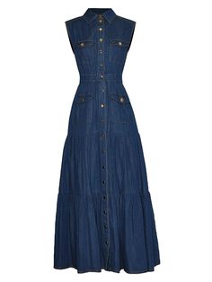 Polo Neck Sleeveless Single Breasted Grace Casual Lake Blue Ankle-Leng – VanillaStyle Denim Dress Outfit, Casual Sundress, Ankle Dress, Ankle Length Dress, Looks Chic, Versatile Dresses, Designer Style, Polo Dress, Waist Length