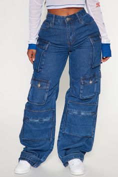 Billie Low Slung Cargo Jeans - Medium Wash | Fashion Nova, Jeans | Fashion Nova Denim Cargo Pants, Cargo Pants Outfit, Jeans Fashion, Fashion Nova Jeans, Low Rise Jeans, Cargo Jeans, Mens Activewear, Pants Outfit, Cargo Pants