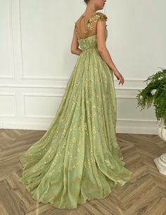 Summer Vine Dreams Gown - Teuta Matoshi Teuta Matoshi Dresses, Prom Ballgown, Summer Vine, Evermore Fashion, Gold Beaded Dress, Golden Belt, Teuta Matoshi, Light Green Dress, Fairytale Gown