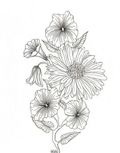 a black and white drawing of flowers