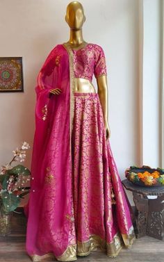 Designer Pink Silk Lehenga Choli with soft net Dupatta and Banarasi Silk Golden work for women, Bridesmaid Lehenga Choli Crop Top 1 Brocade Skirt And Blouse, Pink Silk Lehenga, Banarsi Lehenga, Bridesmaid Lengha, Bridesmaid Dresses Indian, Lehenga Bridesmaid, Pakistani Lehenga, Brocade Lehenga, Indian Wedding Lehenga