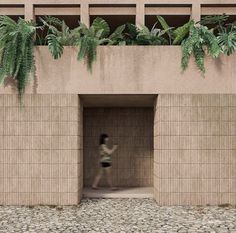 a person walking into a building with plants growing on the wall