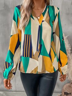 Bjux - Womens Spring and Fall Casual Long Lantern Sleeve Blouse with Geo Printed V-neck Design Ruffle Pattern, Lantern Sleeved Blouses, Boho Fabric, Geo Print, Lantern Sleeve, Style Boho, Lantern Sleeves, Casual Fall, Spring And Fall