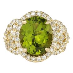 8.02 Carat Natural Peridot 14K Yellow Gold Diamond Ring | Fashion Strada Fancy Yellow Diamond Ring, Yellow Diamond Rings, Yellow Gold Diamond Ring, Fancy Yellow Diamond, Gold Luxury, Gold Cocktail Ring, Diamond Jewelry Designs, Diamond Cocktail Rings, Gold Diamond Ring