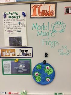 a white board with magnets and pictures on it that says model magic frog's