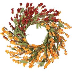 an orange wreath with red and yellow flowers