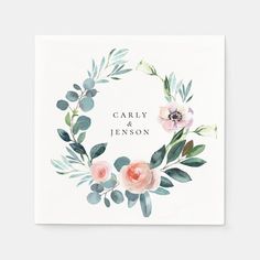 a square card with watercolor flowers and greenery on it, says carry & person