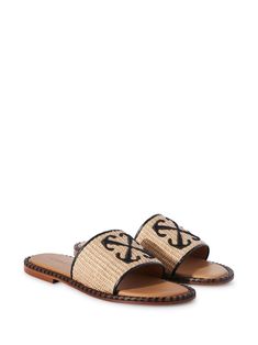 Off-White Twist Arrow Raffia Slides - Farfetch Beige Beach Slides With Rubber Sole, Casual Beige Slides With Leather Sole, Luxury Beach Slides With Rubber Sole, Designer Flat Slides For Beach, Casual Beach Slides With Leather Sole, Luxury Slip-on Slides For Vacation, Leather Sole Flat Slides For Vacation, Luxury Flat Heel Slides For Beach, Beige Flat Slides With Woven Sole