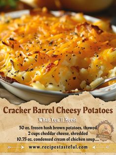 an advertisement for a baked potato casserole with cheese and seasoning on it