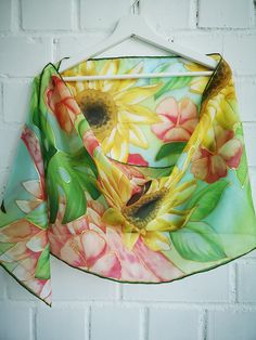 Appealing Hand painted silk scarf 'Arden Summer'. Yellow Sunflowers , Green Monstera Leaves, Pink /red Hibiscus and Flamingo birds forward to Fancy Holidays, tropical places, serenity and a contented life (Flamingos right represent this) --------------------------------------------------------------------------------------------------------------------- This scarf is MADE TO ORDER and available even in 6 OBLONG sizes and 3 SQUARES: 21*x21 inches (55x55cm)- Very small square- Kerchief; wrist, hea Multicolor Summer Shawl Dupatta, Summer Multicolor Shawl Dupatta, Summer Multicolor Shawl-style Dupatta, Multicolor Shawl Dupatta For Summer, Yellow Bohemian Silk Scarf For Summer, Multicolor Floral Print Shawl For Summer, Multicolor Summer Shawl As Gift, Summer Multicolor Shawl As Gift, Multicolor Shawl As Summer Gift