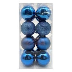 six blue christmas ornaments in a package