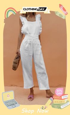 Marlee Bow Ruffled Backless Jumpsuit Casual Summer Jumpsuits And Rompers With Ruffles, Summer Brunch Jumpsuit With Ruffles, Summer Jumpsuits And Rompers With Ruffles For Day Out, Casual Ruffled Jumpsuits And Rompers For Brunch, Chic Summer Jumpsuits And Rompers With Ruffles, White Ruffled Jumpsuits And Rompers For Vacation, Summer Ruffled Jumpsuits And Rompers For Brunch, Summer Ruffles Jumpsuits And Rompers For Brunch, White Summer Jumpsuits And Rompers With Ruffles