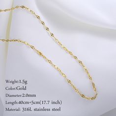 Brand Name: AveuriMetals Type: Stainless steelOrigin: Mainland US(Origin)CN: ZhejiangNecklace Type: Chains NecklacesMaterial: MetalGender: WomenFunction: Mood TrackerFunction: chain necklace for womenModel Number: JYNK02Style: ClassicShape\pattern: chain necklacePendant Size: 2mmFine or Fashion: FashionOccasion: PartyChain Type: Water-wave ChainItem Type: NecklacesCompatibility: All Compatible1: necklace for women2: jewelry wholesale3: boho becklace4: bohemian necklace5: fashion necklace6: trend Women Chain, Water Waves, Chain Choker, Long Chain, Womens Necklaces, Gold Color, Gold Jewelry, Chain Necklace, Gold Necklace