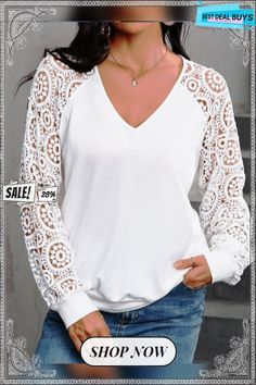 Casual Solid Lace V-neck Long Sleeve Sweatshirt Long Sleeve Sweatshirt, Long Sleeve Sweatshirts, Raglan Sleeve, Casual Women, Types Of Sleeves, Color White, V Neck, Sweatshirts, Lace