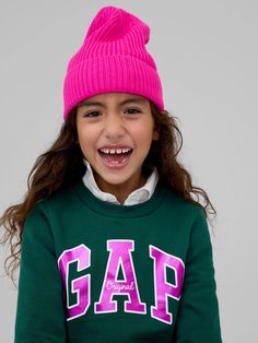 Kids Gap Logo Sweatshirt | Gap Factory Winter Pink Sweatshirt With Logo Print, Basic Letter Print Sweats For Winter, Winter Crew Neck Sweatshirt With Elastic Cuffs, Pink Sweatshirt With Ribbed Cuffs For College, Pink College Sweatshirt With Ribbed Cuffs, Winter Hoodie With Ribbed Collar And Crew Shape, Basic Winter Sweatshirt With Ribbed Cuffs, Basic Winter Tops With Logo Print, Sporty Tops With Elastic Cuffs For Winter