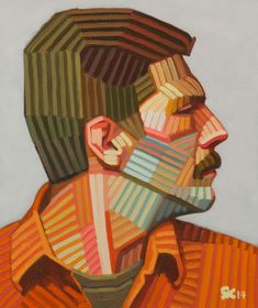 an oil painting of a man's face with multicolored stripes on it