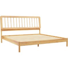 a wooden bed frame with no headboard and foot board is shown against a white background