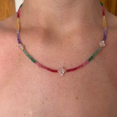 3 small Herkimer Diamond points strung on Rainbow Quartz Gemstone Necklace. The multi color ombre quartz stones sparkle in shades of fuschia to light pink, jungle greens , purples to lilac and golden yellows. Necklace evokes a tropical vibe and is a summer must have. Necklace measures 18 inches and has an extender of 1.5 inches. The necklace is available in other gemstones. Please inquire if there is a stone you are interested in and not mentioned. Herkimer Diamonds, mined in Herkimer, NY are the most powerful energy infused crystals in the crystal world. Herkimers absorb negative energy and help us manifest our intentions. Limited quantity available. Adjustable Rainbow Crystal Necklace With Faceted Beads, Rainbow Faceted Beads Necklace For Gift, Multicolor Crystal Necklaces With Colorful Beads, Spiritual Multicolor Single Strand Crystal Necklace, Rainbow Crystal Necklace With Natural Stones, Bohemian Rainbow Crystal Necklaces With Faceted Beads, Bohemian Rainbow Crystal Necklace With Faceted Beads, Multicolor Single Strand Crystal Necklace For Healing, Adjustable Rainbow Faceted Beads Necklace