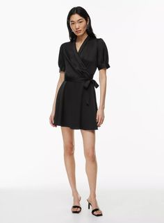 HYDE SATIN MINI DRESS | Aritzia Waste Material, Black Attire, Mini Wrap, Fall Denim, Black Wrap, Poplin Dress, Dress Satin, Satin Mini Dress, My Bag