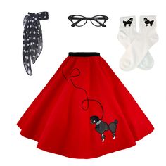 a woman's red skirt with black poodle on it and two pairs of glasses