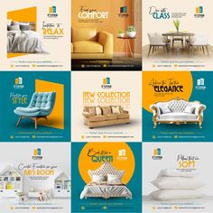 an advertisement for furniture store with many different colors and designs on the front, back and sides